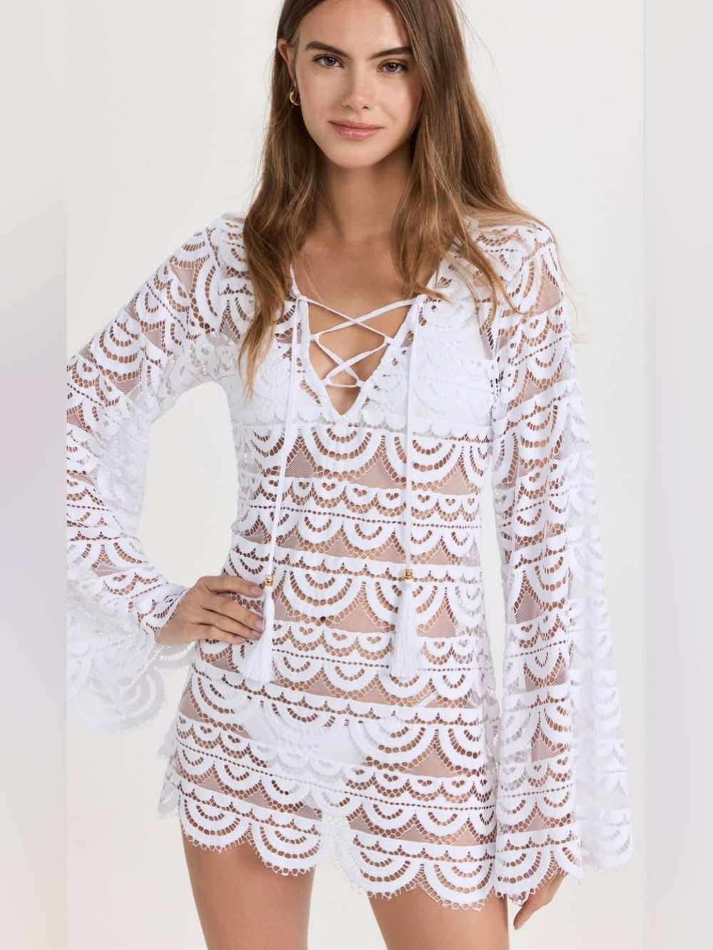 Pilyq Noah Tunic white lace coverup lace-up front bell sleeves M/L